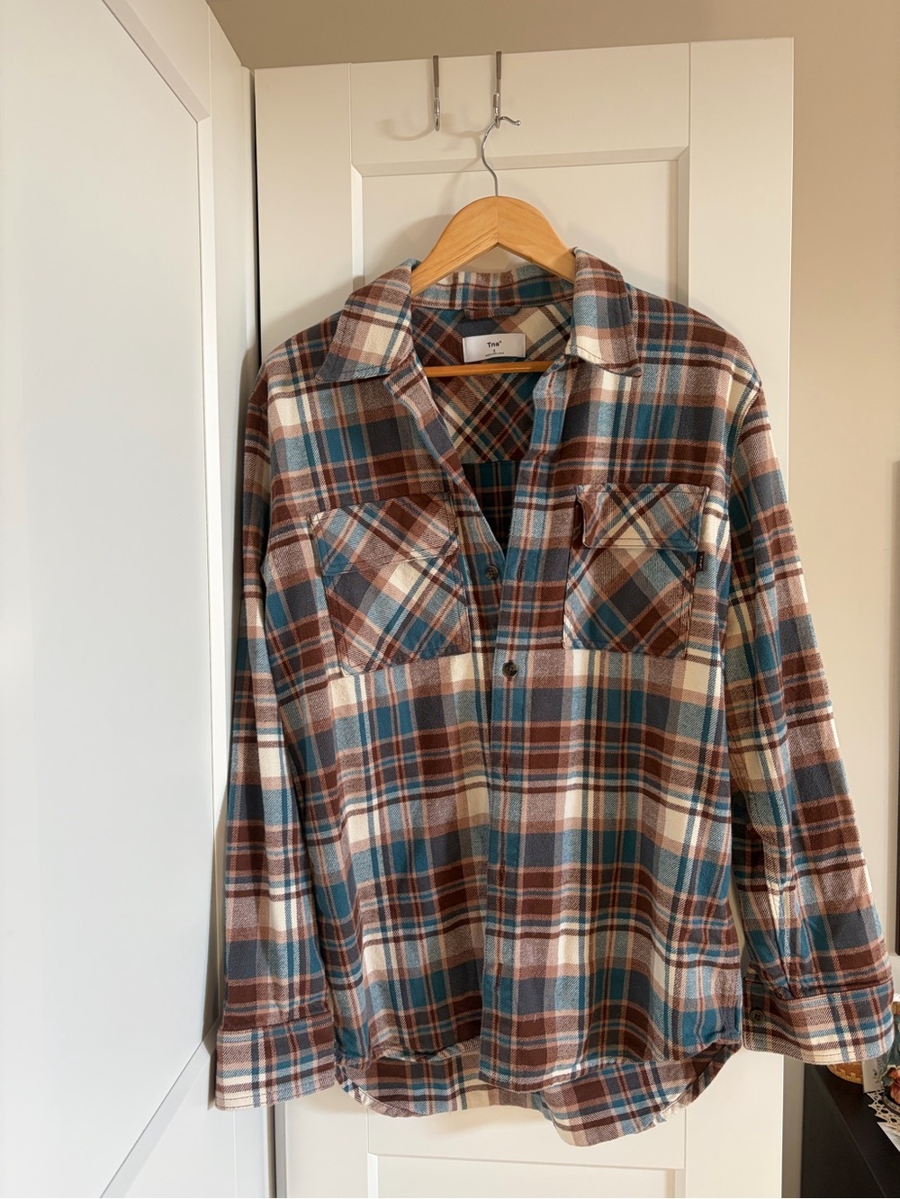 TNA Plaid Flannel Shirt in Teal, Brown & Cream